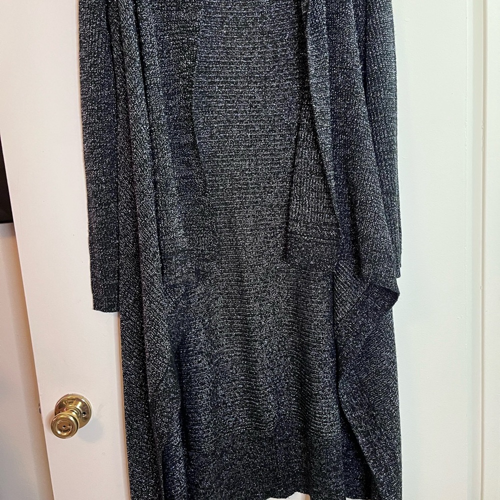 Cozy Long Open-Front Cardigan in Charcoal Metallic